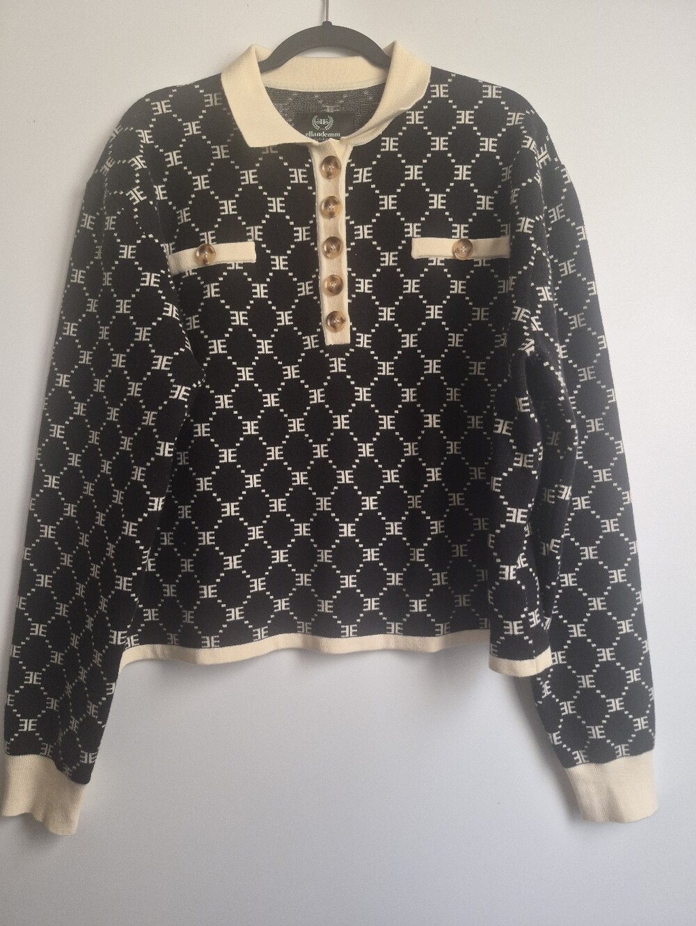 EllandEmm Monogram Jacquard Knit Polo Sweater Black Ivory Gold Button 2XL